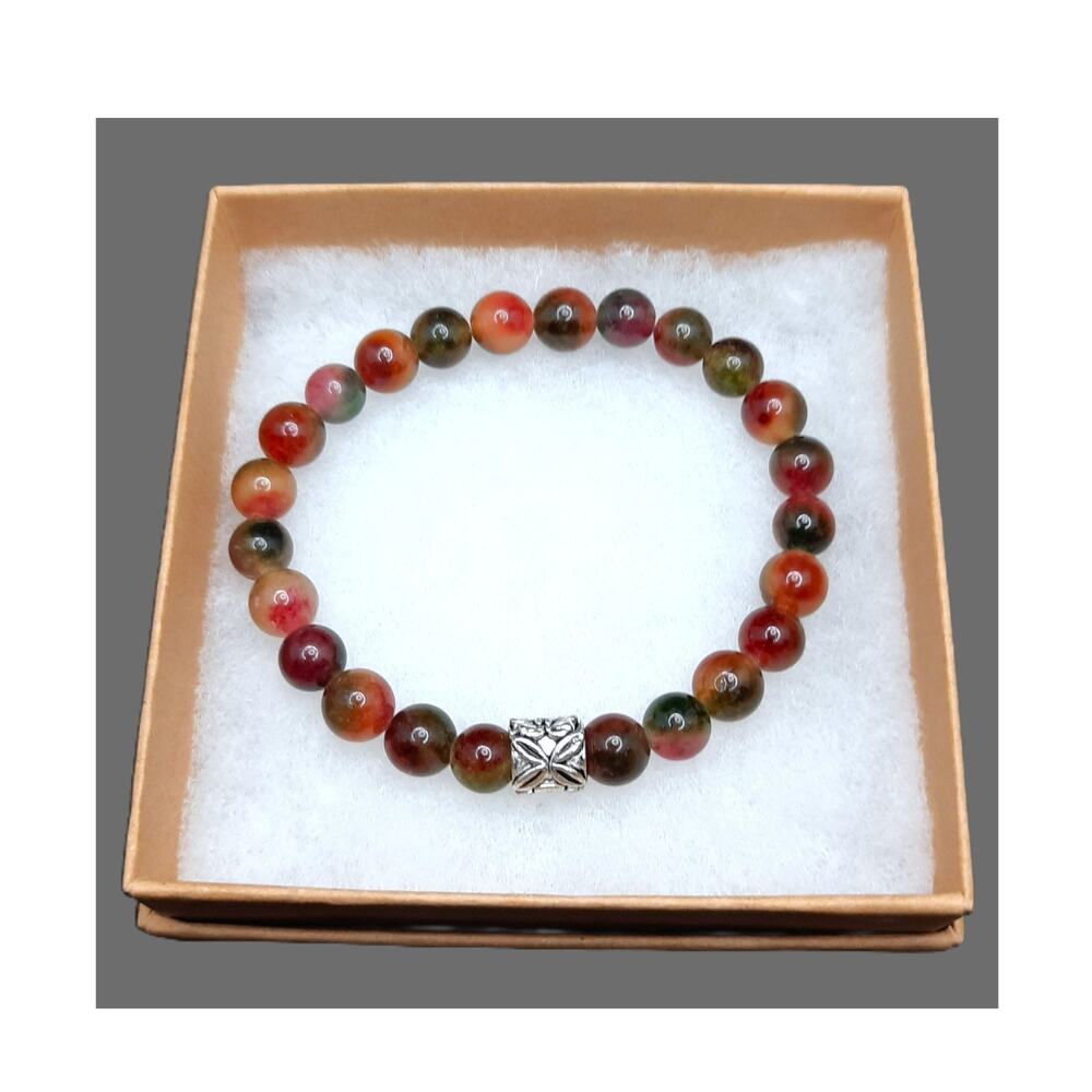 Artisan Peacock Agate Beaded Bracelet Stretch Gemstone Tibetan Silver Floral NEW